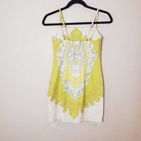 Tori Richard Sage moss Yellow white Pattern square neckline mini Shift Dress - Picture 2 of 5